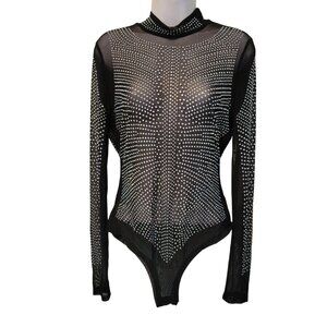 Vintage Black Sheer Long Sleeve Rhinestone Bodysuit L Horse Show‎